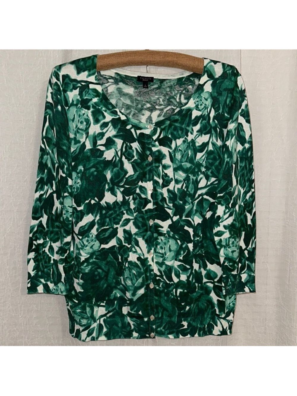 Talbots L Beautiful Floral White Green Button Front Quarter Sleeve Knit Cardigan
